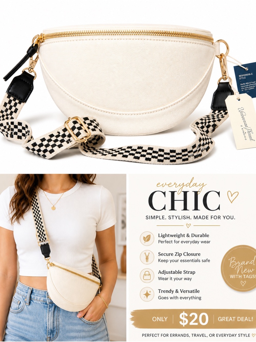 Universal thread Chic Cream Crossbody Belt Bag with Checker Strap